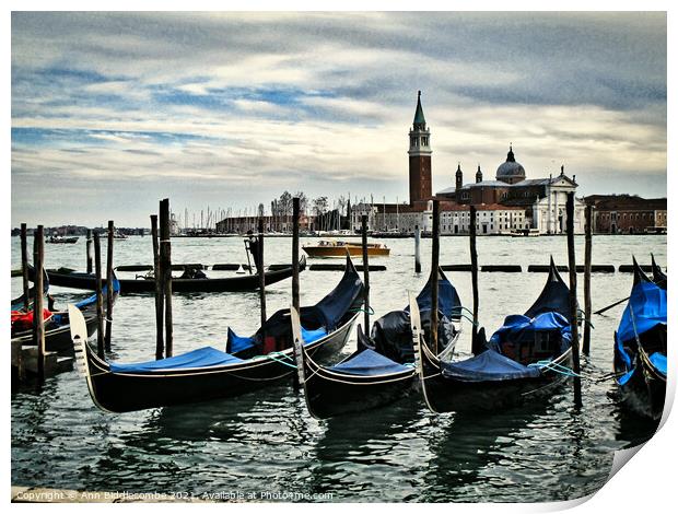 Gondolas tied up on the main lagoon Print by Ann Biddlecombe
