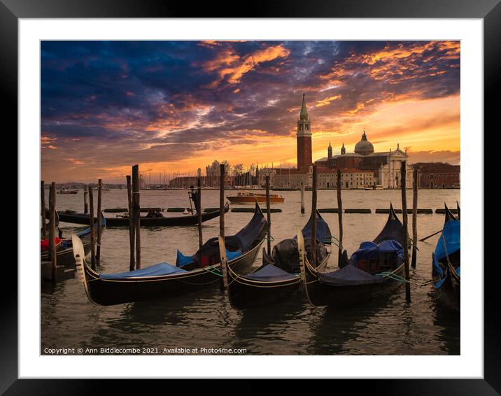 Gondolas at sunset on the main lagoon Framed Mounted Print by Ann Biddlecombe