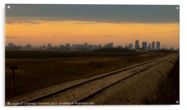 On the Tracks to Winnipeg at Sunset Acrylic by STEPHEN THOMAS