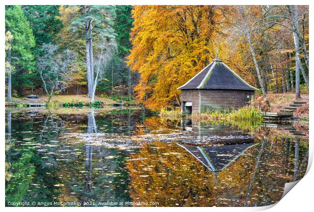 Boathouse on Loch Dunmore, autumn colours Print by Angus McComiskey