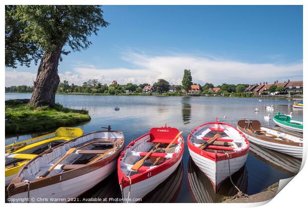 Boats moored at Thorpeness Suffolk  Print by Chris Warren