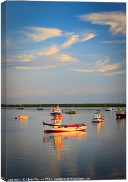 Boat reflections at Orford Suffolk  Canvas Print by Chris Warren