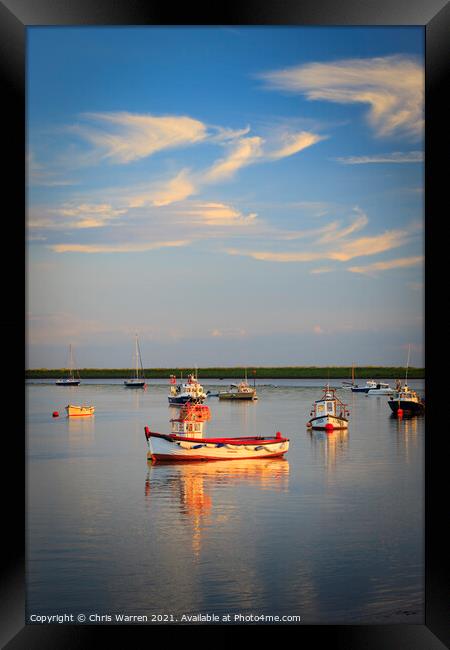 Boat reflections at Orford Suffolk  Framed Print by Chris Warren
