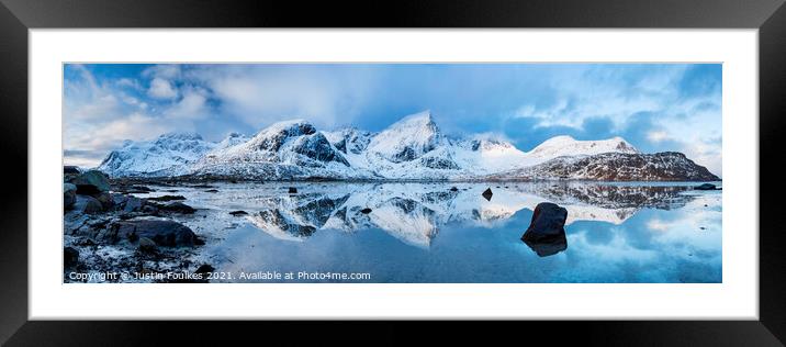 Winter mountain reflections, Lofoten, Norway. Framed Mounted Print by Justin Foulkes