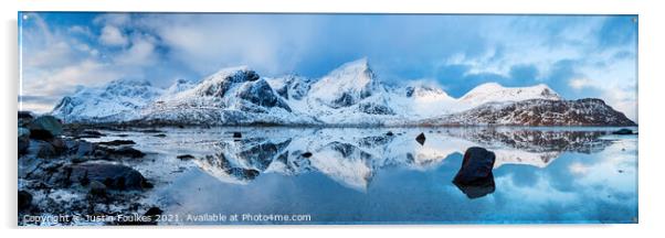 Winter mountain reflections, Lofoten, Norway. Acrylic by Justin Foulkes