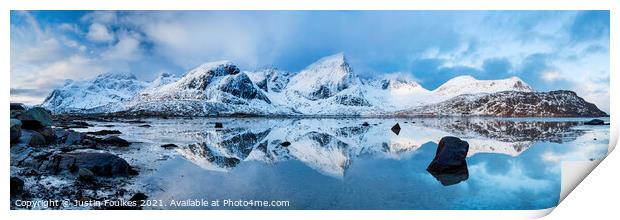 Winter mountain reflections, Lofoten, Norway. Print by Justin Foulkes