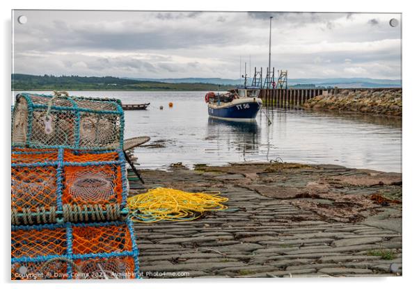 Fishing Boat in Ardrishaig Harbour with lobster pots in the foreground, Argyll and Bute, Scotland Acrylic by Dave Collins