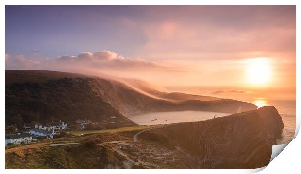 Misty Lulworth Cove sunrise from Stair Hole Print by Kevin Browne