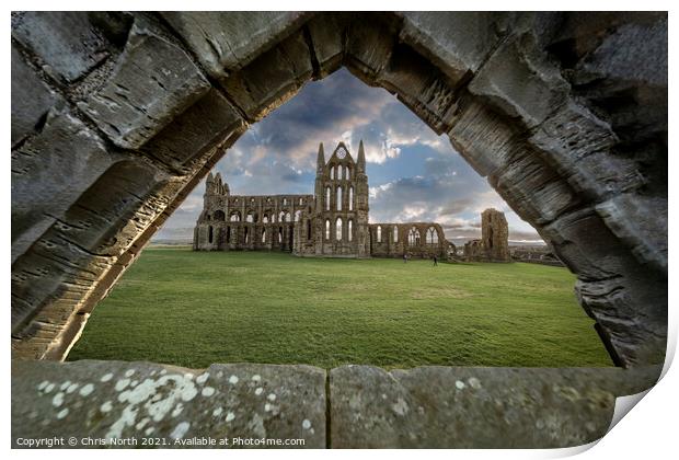 Saint Hildas Abbey Whitby seen through a ruined Gothic arch. Print by Chris North