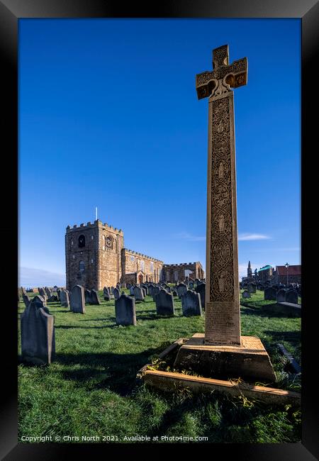 Celtic cross and Saint Hilda's Abbey Whitby. Framed Print by Chris North