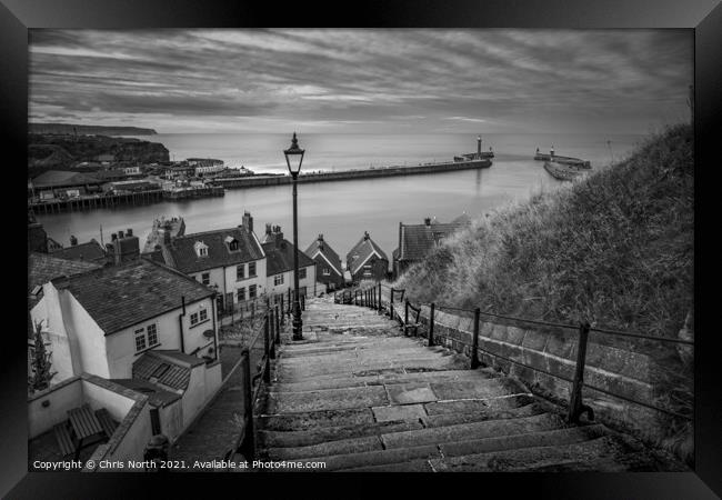 The 199 steps overlooking Whitby Harbour. Framed Print by Chris North