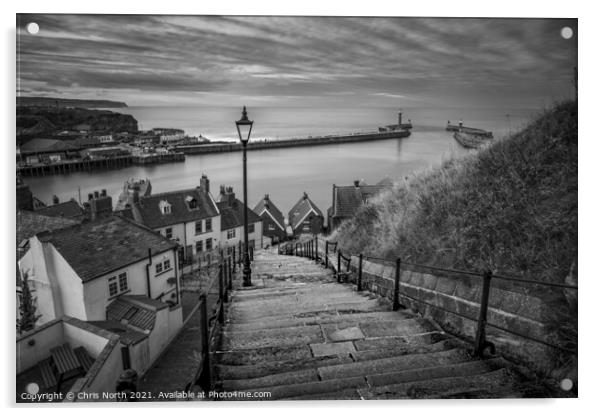 The 199 steps overlooking Whitby Harbour. Acrylic by Chris North