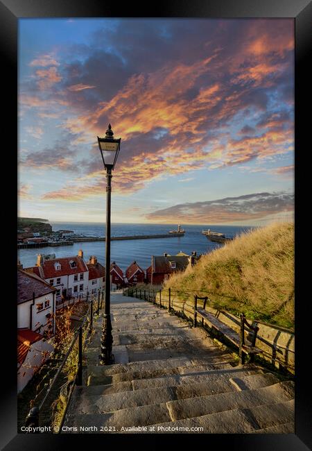 Whitby, the 199 steps at sunset. Framed Print by Chris North