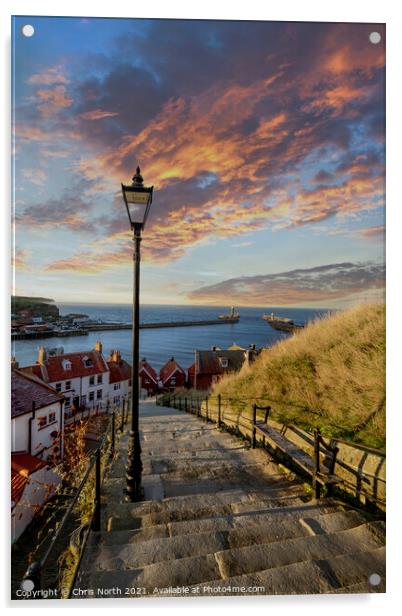 Whitby, the 199 steps at sunset. Acrylic by Chris North