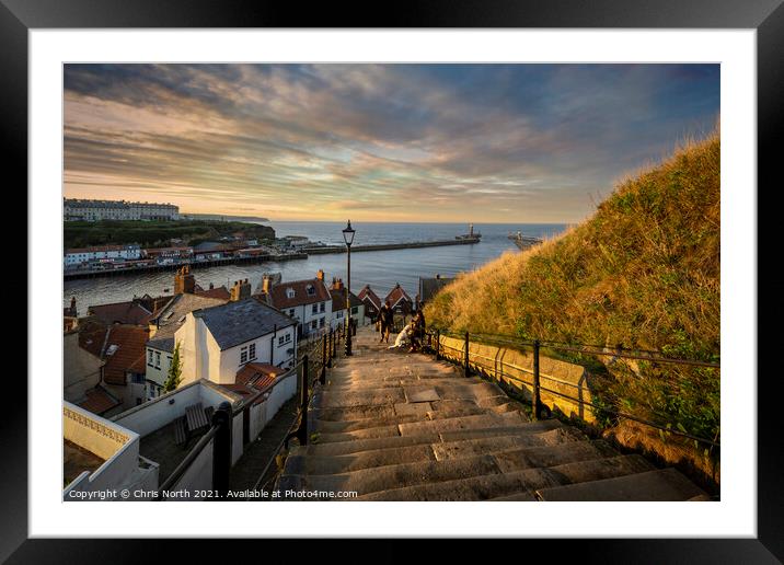 Whitby Harbour sunset scene from the 199 steps. Framed Mounted Print by Chris North