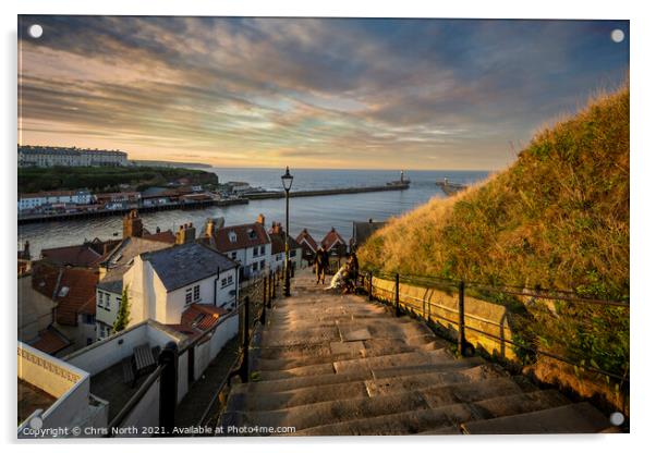 Whitby Harbour sunset scene from the 199 steps. Acrylic by Chris North