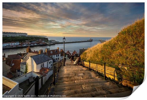Whitby Harbour sunset scene from the 199 steps. Print by Chris North