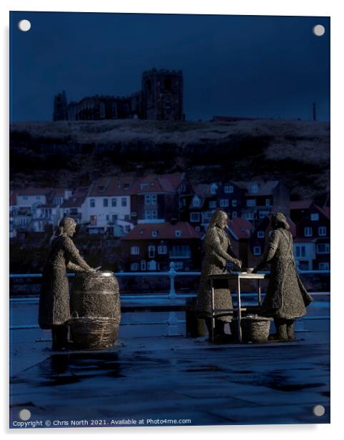 The Whitby Herring girls statue at dusk. Acrylic by Chris North