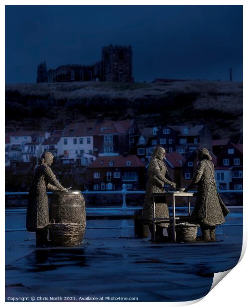 The Whitby Herring girls statue at dusk. Print by Chris North