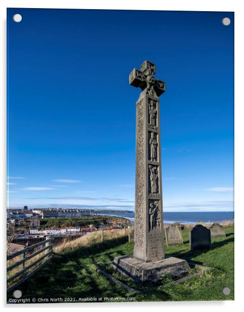 Celtic cross overlooking the seaside town of Whitby. Acrylic by Chris North
