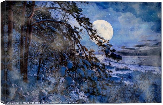 Watercolor painting of winter night seascape Canvas Print by Maria Vonotna