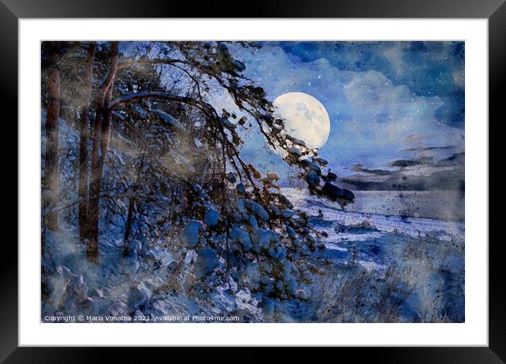 Watercolor painting of winter night seascape Framed Mounted Print by Maria Vonotna