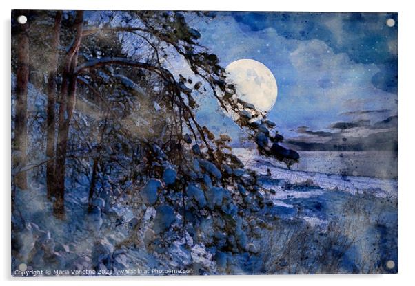 Watercolor painting of winter night seascape Acrylic by Maria Vonotna