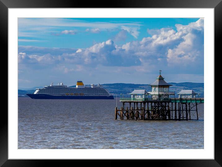 Clevedon Pier with cruise ship passing Framed Mounted Print by Rory Hailes