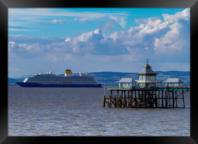 Clevedon Pier with cruise ship passing Framed Print by Rory Hailes
