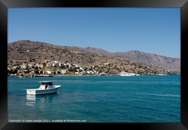 Boat in the Bay, Elounda, Crete, Greece Framed Print by Kasia Design
