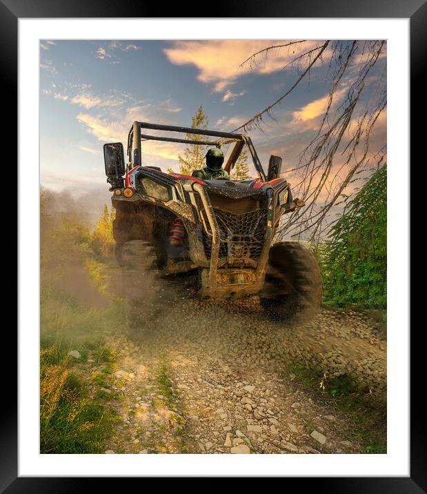 4x4 off-road corridors designed metal utility terrain vehicle car or truck drive by a driver with helmet during passing mud part of special section off road track. Dirt race concept Framed Mounted Print by Arpan Bhatia