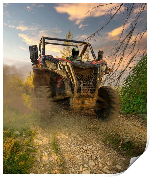4x4 off-road corridors designed metal utility terrain vehicle car or truck drive by a driver with helmet during passing mud part of special section off road track. Dirt race concept Print by Arpan Bhatia