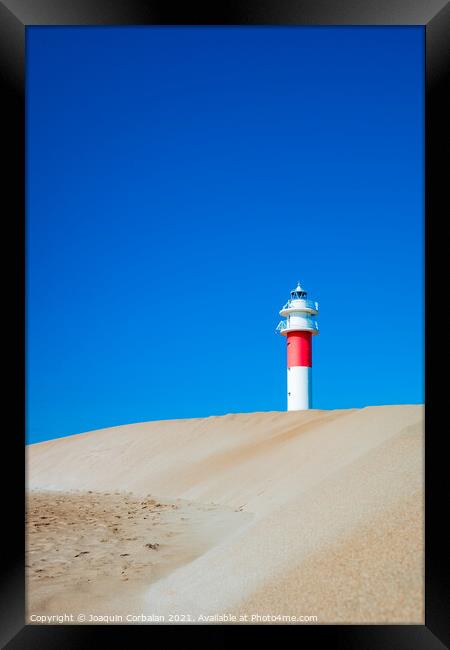 A lighthouse seen from the sand dunes of a beach on a sunny day. Framed Print by Joaquin Corbalan