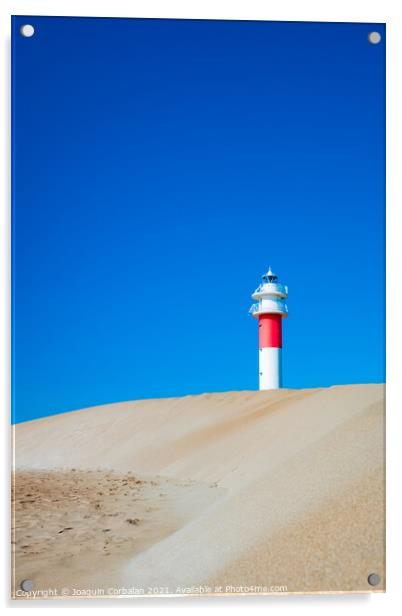 A lighthouse seen from the sand dunes of a beach on a sunny day. Acrylic by Joaquin Corbalan