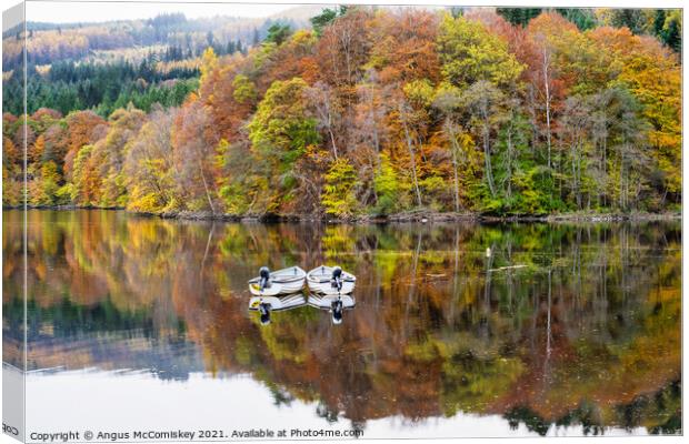 Boats moored on Loch Faskally, Perthshire Canvas Print by Angus McComiskey