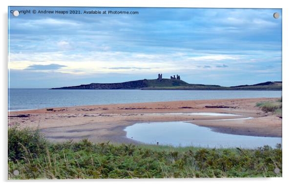 Dunstanburgh Castle viewed from beach. Acrylic by Andrew Heaps