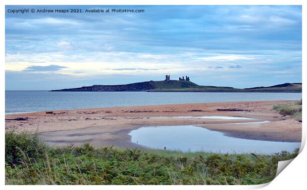 Dunstanburgh Castle viewed from beach. Print by Andrew Heaps