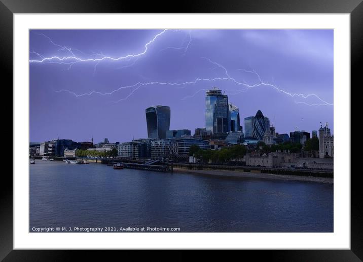 Lightning over the City of London and river Thames in England Framed Mounted Print by M. J. Photography