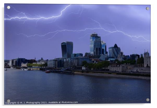 Lightning over the City of London and river Thames in England Acrylic by M. J. Photography