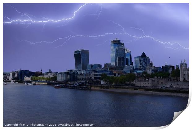Lightning over the City of London and river Thames in England Print by M. J. Photography