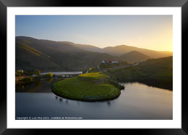 Douro wine valley region s shape bend river in Quinta do Tedo at sunset, in Portugal Framed Mounted Print by Luis Pina