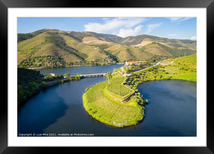 Douro wine valley region drone aerial view of s shape bend river in Quinta do Tedo at sunset, in Portugal Framed Mounted Print by Luis Pina