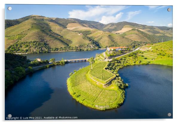 Douro wine valley region drone aerial view of s shape bend river in Quinta do Tedo at sunset, in Portugal Acrylic by Luis Pina