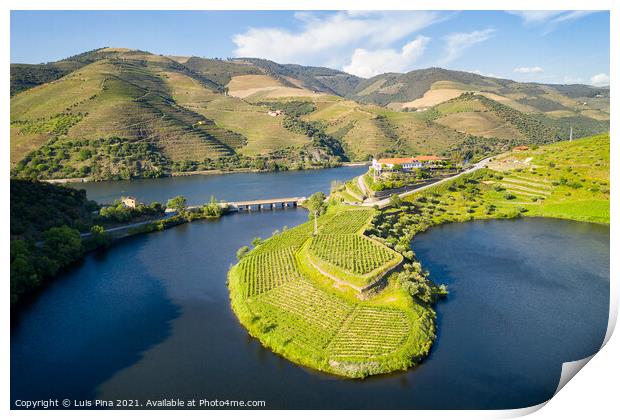 Douro wine valley region drone aerial view of s shape bend river in Quinta do Tedo at sunset, in Portugal Print by Luis Pina