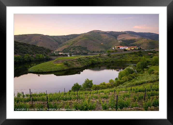 Douro wine valley region s shape bend river in Quinta do Tedo at sunset, in Portugal Framed Mounted Print by Luis Pina