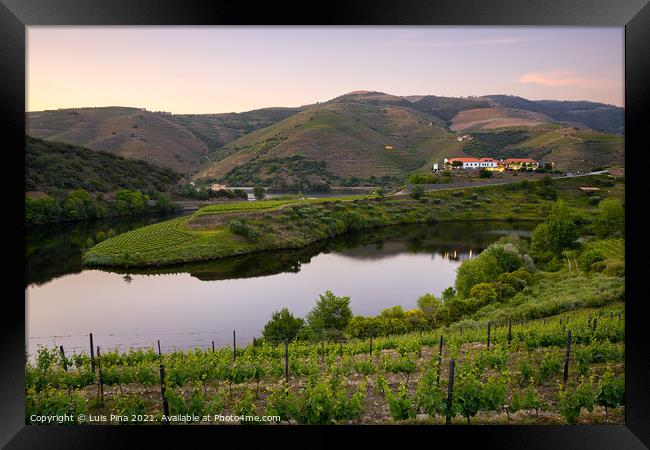 Douro wine valley region s shape bend river in Quinta do Tedo at sunset, in Portugal Framed Print by Luis Pina