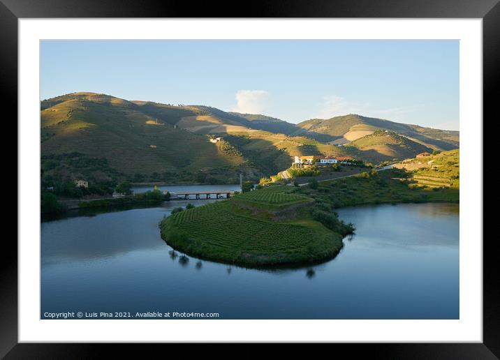 Douro wine valley region s shape bend river in Quinta do Tedo at sunset, in Portugal Framed Mounted Print by Luis Pina