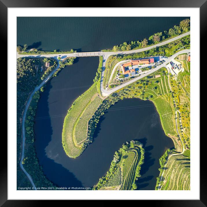 Douro wine valley region drone aerial top view of s shape bend river in Quinta do Tedo at sunset, in Portugal Framed Mounted Print by Luis Pina