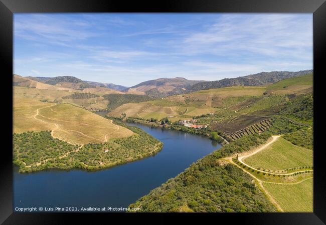 Douro river wine valley region drone aerial view, in Portugal Framed Print by Luis Pina