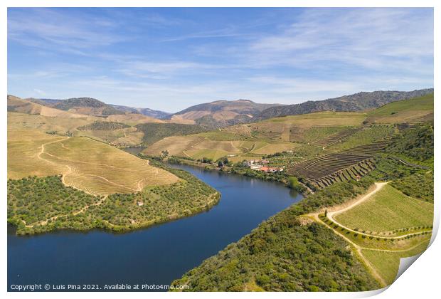 Douro river wine valley region drone aerial view, in Portugal Print by Luis Pina